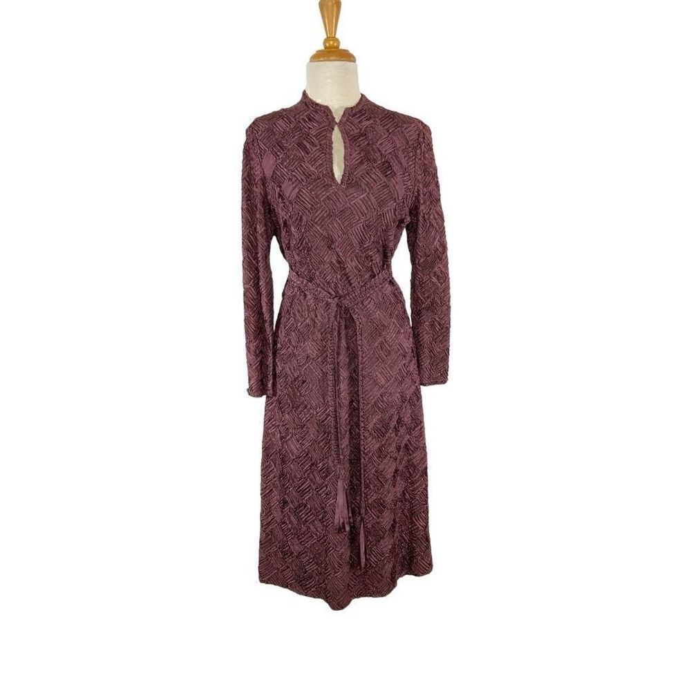 Ruth Chagnon L Maroon Dress Midi Belt Soutache 70s VTG Modest A-Line Cottagecore